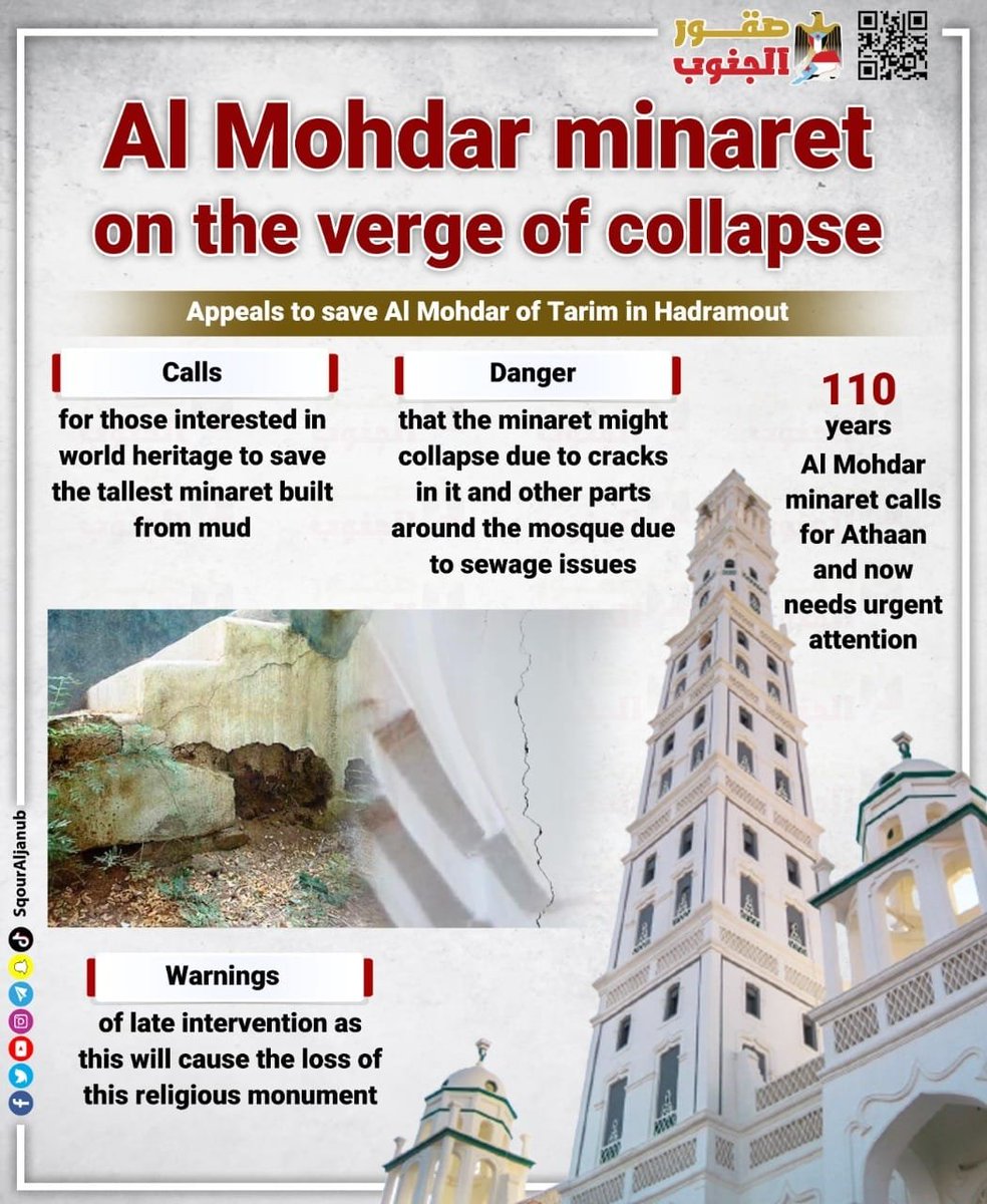 SouthLandmarks's tweet photo. Al Mohdar minaret on the verge of collapse
#معالم_الجنوب
#صقور_الجنوب
لمعرفة آخر التطورات والاخبار في الجنوب يرجى متابعتنا على قناة صقور الجنوب 
https://t.co/Z8RXmbPPEL https://t.co/WqkvvMQps7