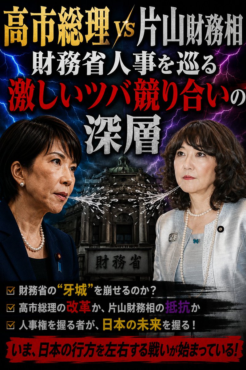 tetsuya_00x's tweet photo. 高市総理 vs 片山財務相　
財務省人事を巡る激しいツバ競り合いの深層

1.誰もが抱く素朴は疑問

なぜ、私たちが選挙で選んだわけでもない官僚が、国民の生活を豊かにするはずの減税を平気で邪魔できるのでしょうか。

政治家が国民に約束したはずの公約が、いつの間にか財務省という巨大な壁に阻まれ、骨抜きにされていく。

そんな日本の停滞を象徴する光景を、私たちは30年以上も見せられ続けてきました。

しかし今、その厚い壁が破壊される歴史的快挙の瞬間が訪れようとしています。

高市総理は、安倍元総理が20年前に創設した内閣人事局という伝家の宝刀を迷わず抜き放ちました。

これは、政治の主導権を主権者である国民の手に取り戻すための、極めて戦略的な権力行使と言えるでしょう。

２．10年に一人のエースへ下された冷徹な鉄槌

霞が関の深層に、かつてないほどの激震が走っています。

その震源地は、財務省で10年に一人のエースと称された一松旬氏、通称「松旬（まつじゅん）」の異動人事です。

一松氏は開成高校、東京大学をともにトップで卒業し、国家公務員試験も1位か2位という、まさに超ド級のエリートです。

岸田前総理の秘書官として増税メガネのイメージ形成を裏で支え、次期事務次官の最有力候補と目されていました。

その彼が、予算編成の心臓部である主計局次長から、地方組織である東京税関長へと移動させられたのです。

税関長も要職ではありますが、次官コースを歩む彼にとっては事実上の「上がり」を意味するポストとみられています。

なぜ、これほどの実力者が表舞台から外されたのでしょうか。

それは彼が社会保障国民会議の実務リーダーとして、食料品減税の財源問題などを盾に、政権の方針へ真っ向から抵抗したからです。

国民を苦しめる増税派のリーダーなら、どれほどのエリートであっても即刻排除する。

高市総理によるこの冷徹な対応は、財務省内の事務次官レースという絶対的な評価軸を破壊し、彼らの行動原理を根底から変える強烈な抑止力となりつつあります。

３．減税を阻む財源の嘘を看破

財務省は伝統的に財源がないという念仏を唱え、マスコミと結託してあらゆる減税を封じ込めてきました。

しかし、高市総理はその嘘を、具体的な数字の力によって完璧に看破しています。

総理が示した埋蔵金の実態は、もはや無視できない規模に達しています。

名目GDPの拡大による自然増収により、2026年度の歳入増は約6兆円が見込まれています。

さらに、財務省が意図的に低く見積もる当初予算と決算の差による上ぶれ分が約8兆円。

これらを合わせた計14兆円という圧倒的な数字の前で、財務省の財源不足という論理は完全に破綻しました。

加えて、外為特会の剰余金や日銀納付金などの税外収入も約9兆円という巨額な規模で存在しています。

高市総理は、これら成長の果実を国民の生活を守るために吐き出させようとしているのです。

さらに高市総理は片山財務相とともに日本版DOGEとも呼ぶべき無駄の削減を断行し、数字によって減税の正当性を証明しようとしています。

４．高市総理vs片山大臣：水面下のつばぜり合い

ただ総理と財務相の間には財務省人事を巡って齟齬があるとの見方もあります。

財務省人事の裏側では、この二人の間で凄まじいつばぜり合いが繰り広げられたと言われているのです。

焦点となったのは、反減税派の急先鋒として知られる宇波弘貴氏の事務次官昇進です。

宇波氏は消費税率引き上げ当時の制度設計を担った中心人物であり、高市総理が最も警戒する人物の一人でした。

片山さつき財務大臣は、自身の直属の部下であり東大経済学部の後輩でもある宇波氏の事務次官への昇進を強く主張しました。

「財務省に関することについては私の領域なので入ってこないでもらいたい」と、片山大臣が突っぱねたという噂も飛び交っています。

ただ、これは高度な政治的ディールだったのではないかとの見方もあります。

高市総理は、片山大臣の信頼の厚い宇波氏を事務次官に昇進させる一方で、ケチのついた国民会議の実務のキーマンである一松氏を排除するとことを片山大臣に飲ませたというわけです。

いずれにしても、この語、この二人がこの巨大な財務省の壁を突破できるか、その真価が問われていることは間違いありません。

５．民主主義へのソフトなクーデター

行政の本来の役割は、主権者である国民が選んだ政治の意思を誠実に実行することにあります。

しかし、財務省がこれまで行ってきた行為は、まさに「民主主義へのソフトなクーデター」とでも言いたくなるようなものでした。

減税反対派の参考人ばかりを会議の8割から9割も揃え、減税阻止の議論を先導し、マスコミには自分たちに都合の良い世論形成を担わせる...

財務省はこれまでそんな動きをしてきたのではないかと疑われているわけです。

さらに、日本保守党の北村晴男議員が指摘したように、与党は選挙公約を守るべきだという正当な発言さえも、議事録から故意に削除しようと画策した可能性すらあります。

自分たちの省益を守るために国民の声を封殺する勢力には、徹底的な人事による冷徹な処分が必要だったと考えられます。

行政を本来あるべき姿に戻し、国民に主権を取り戻すための不可欠なプロセスと言えるのではないでしょうか。

６．おわりに：歴史の転換点を迎えて

今回の電撃人事は、日本を長く覆っていた財務省には逆らえないという絶望的な閉塞感を打ち破りました。

高市政権が進める食料品減税は、単なるバラマキではありません。

国民の生活を守り、実質賃金を上昇させ、GDPを確実に成長させることで30年の停滞に終止符を打つための重要な解の一つと言えるでしょう。

私たちは今、官僚主導の時代が終わりを告げる、歴史の大きな転換点に立っています。

政治が本来のリーダーシップを取り戻したとき、日本の未来には確かな光明が差し込むはずです。