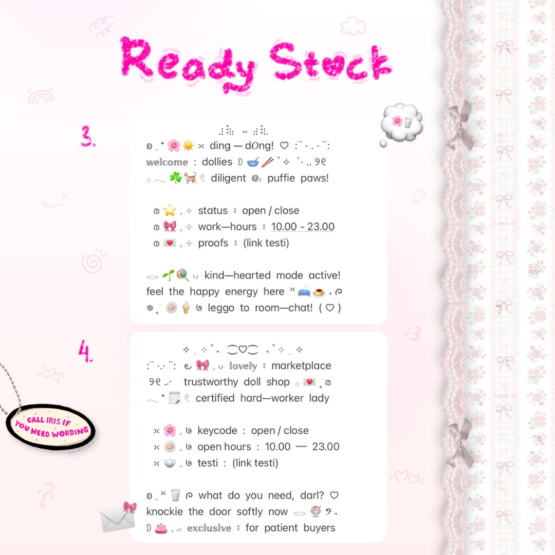 wordinh's tweet photo. ⠀
𝗁𝖾𝗅𝗉 𝘳𝘦𝘵𝘸𝘦𝘦𝘵 𝗉𝗅𝗌!  ♡%

🌸🍦  yippie, up for adoption  ..  < BIO WABIS WORDING >  🎀  tukarkan 6.000 koinmu dengan wording manis dari iris  ☘️☀️  free req ganti emoji yaa, lovelings!  💌  yuk mampir jajaaan  :3

rs ready stock #bealanja https://t.co/tmhGHTpW5M