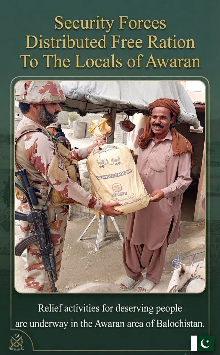 Mirab_Baloch's tweet photo. Security forces successfully distributed free ration bags to the local residents in the Awaran area of Balochistan. 
The relief activities aim to support deserving people and provide essential supplies to the community. https://t.co/Z6hk1z2D40
