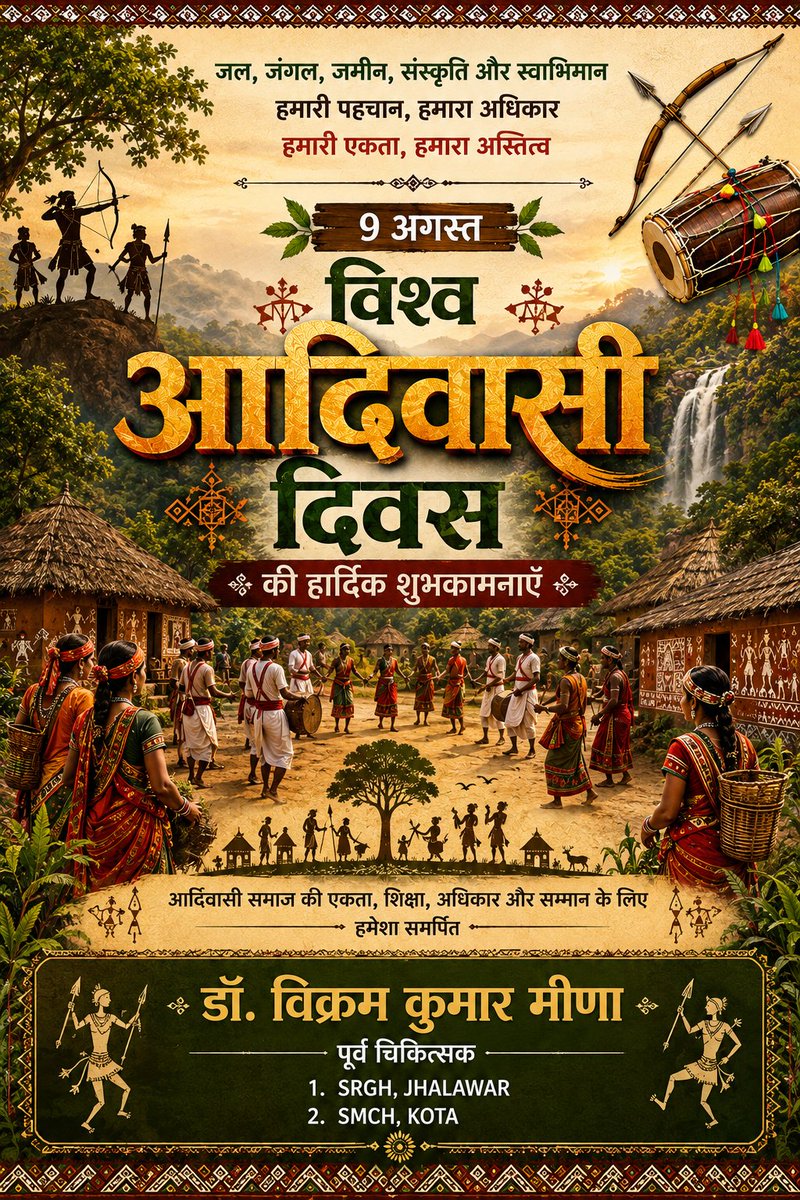 DrVikramJaipur's tweet photo. विश्व आदिवासी दिवस पर समाज के लिए हमारा संकल्प-
📚 शिक्षा
💪 स्वास्थ्य
🤝 एकता
👧👦 समान अवसर
🌱 संस्कृति के साथ आधुनिक प्रगति
सभी आदिवासियों को विश्व आदिवासी दिवस की हार्दिक शुभकामनाएं!! https://t.co/NZYzTDVIym