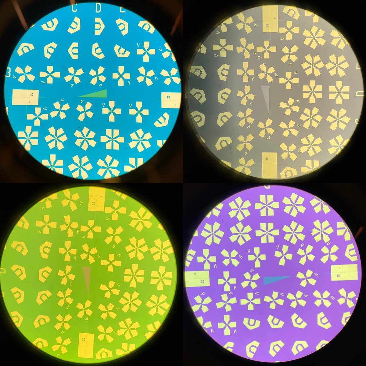 nanostacker's tweet photo. Testing our PFAS-free CAR formulation across varied underlayers to evaluate baseline substrate independence. While thickness and material variations yield distinct thin-film interference colors, the macro-scale wetting and target pattern uniformity remain consistent. https://t.co/qhNHF1fOvC