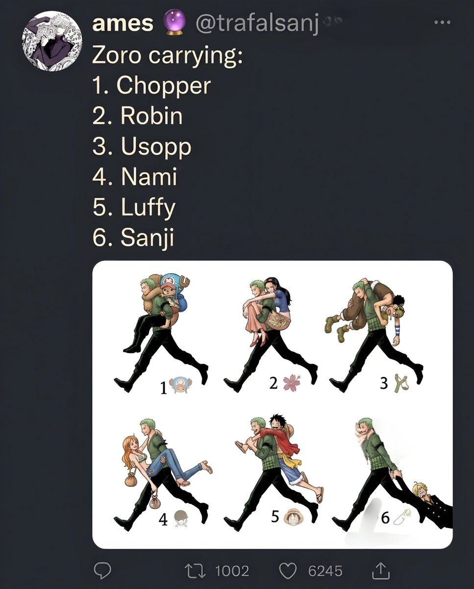 AnimixC94516's tweet photo. Zoro gives piggybacks and bridal carries to everyone else, but Sanji gets dragged across the floor by his leg 😭🦵 #ONEPIECE1191 https://t.co/sIgpXx2cTN