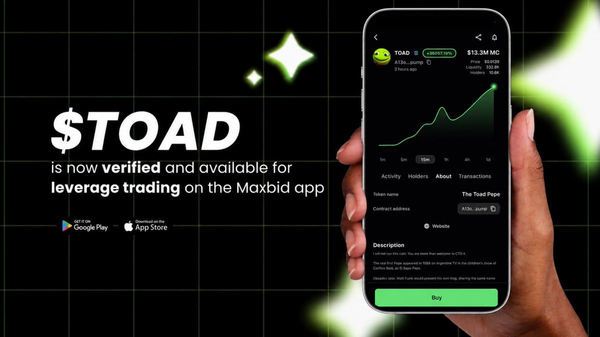 maxbidbro's tweet photo. solana:A13oRB9FFaiUjfi6LdCg6p9ka1u8SfGkUFs4SKvPpump is live for leverage trading & borrowing on the Maxbid App & dApp.                                                                                                    

CA: A13oRB9FFaiUjfi6LdCg6p9ka1u8SfGkUFs4SKvPpump                 

Start trading: https://t.co/8Qvd7liF5R                         

the toad pepe