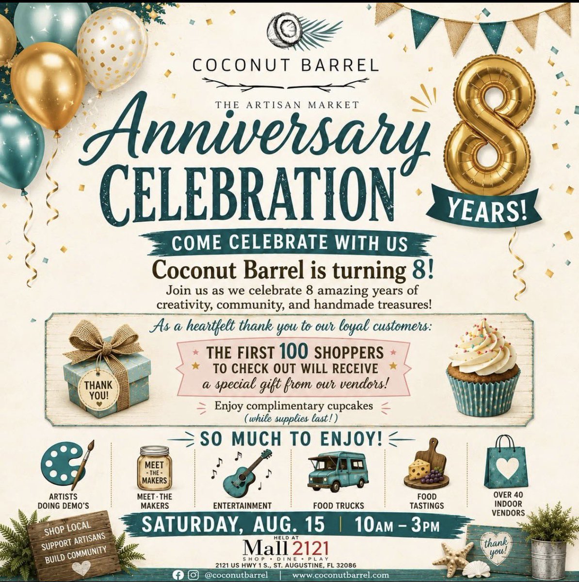 GypsyMCreations's tweet photo. 🎉One week from today is the Anniversary Market by the Coconut Barrel!🎉

I’ll be there with wood &amp; acrylic earrings, lanterns, &amp; more!

Stop by &amp; do some Christmas shopping with over 40 vendors. This is an INDOOR event &amp; FREE!

Sat, Aug. 15
10a – 3p
Mall 2121
St. Augustine, FL https://t.co/rXGMRRw8eL