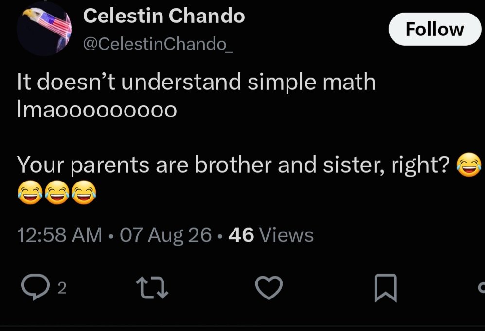 nfl_ryan_20's tweet photo. @CelestinChando_ @Floofy_master24 @tingle_lou @mrccwilliamsjr @SecDuffy @FAANews Isn't this you dumbahh? You said it yourself that the AI chat bot you used is "simple math" just because it told you something that might be a lie 

You were beefing with someone and got some fake answers from an AI chat bot you thought is math https://t.co/VQNPSYCd1v