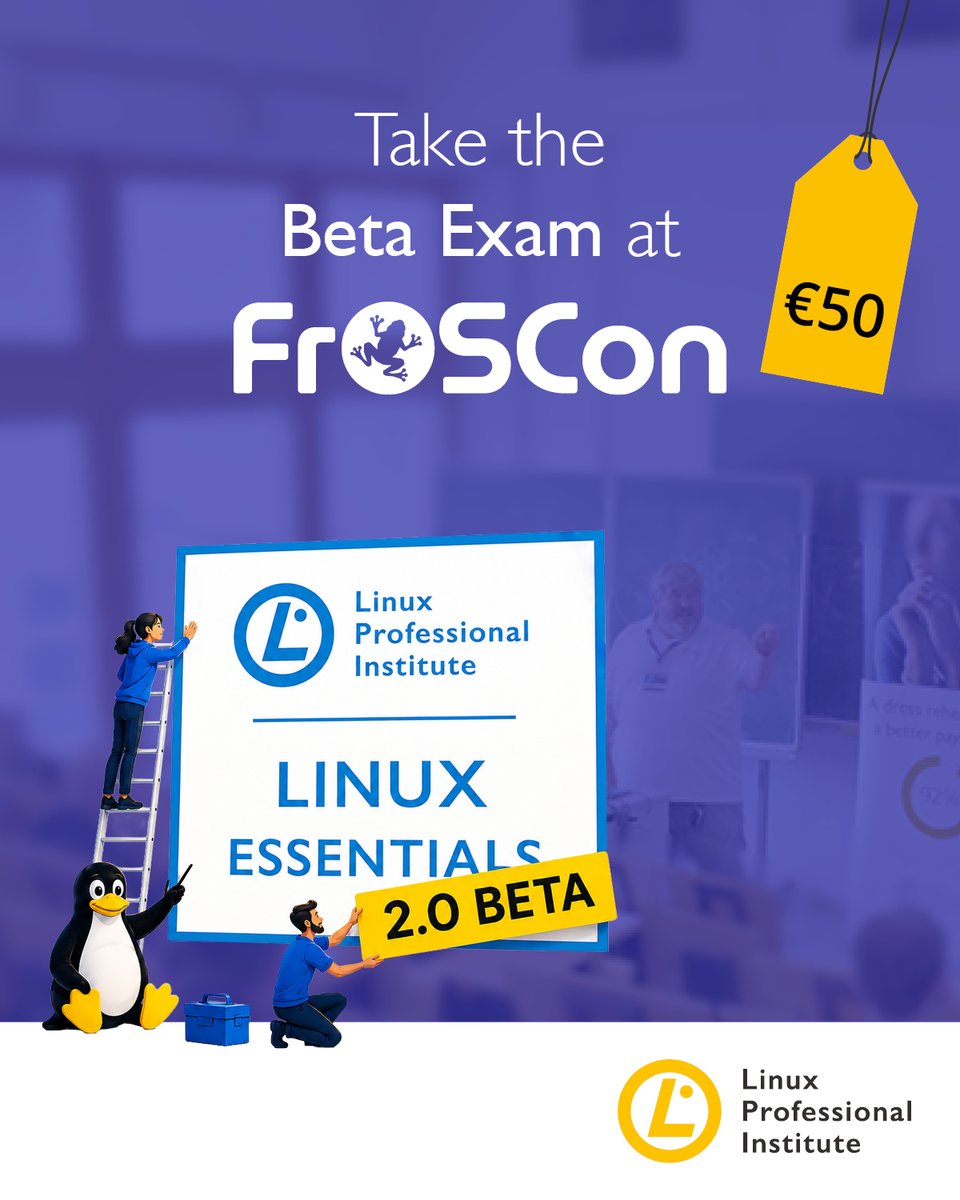 LPIConnect's tweet photo. Prove basic #Linux skills & improve your chances of getting hired! 🐧
Take the paper-based #LinuxEssentials 2.0 beta exam from #LPI for €50 at #FrOSCon 2026, Aug. 15-16, in Sankt Augustin, Germany.
Limited seats. Register now: https://t.co/ejcYP3NAfj
#FOSS #opensource https://t.co/thY3VUogHD