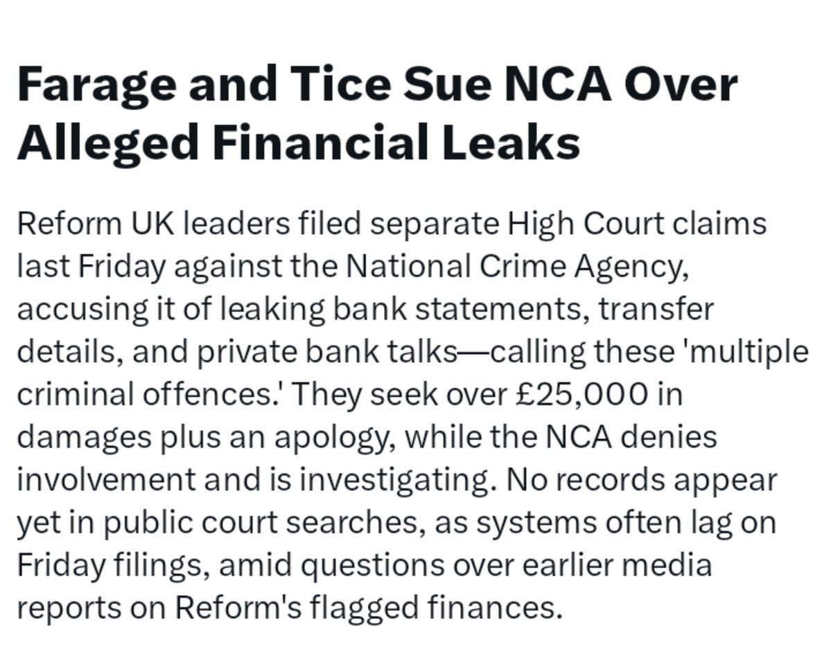 WillBlackWriter's tweet photo. As high profile High Court cases go, the apparent claims claims by Nigel Farage and Richard Tice are paltry.

It's almost as though they are throwing a bit of (murky) money at this to distract from all the sketchy dealings of Reform and their dodgy bankrollers https://t.co/BW5Z7ipgam