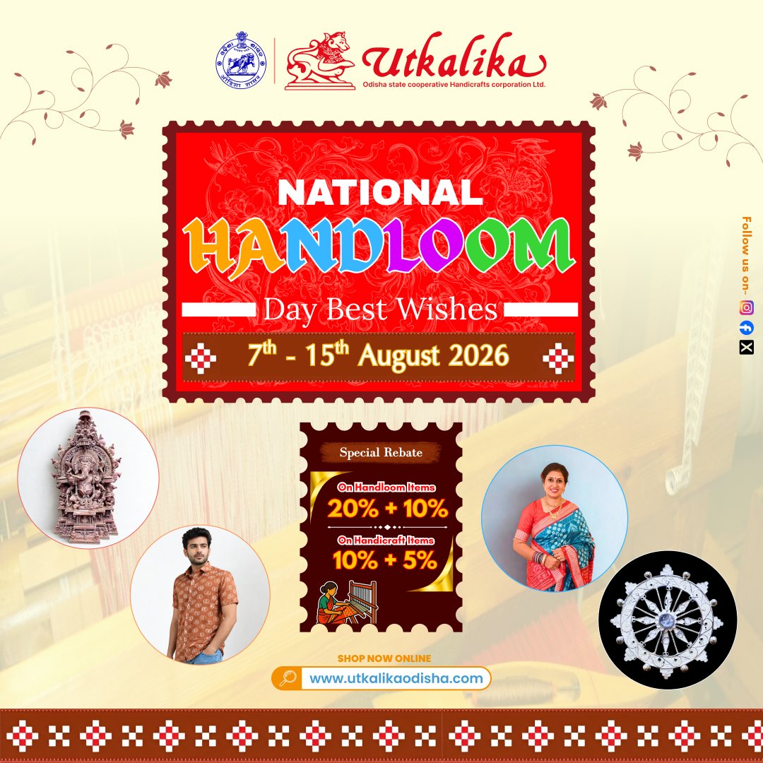 UtkalikaOdisha's tweet photo. Explore handcrafted elegance at Utkalika and enjoy our special National Handloom Day Sale.
visit- https://t.co/AflbEgoiET
#NationalHandloomDay #Utkalika #Handloom #OdishaHandloom #HandloomSale #VocalForLocal #MadeInIndia https://t.co/CvdNif6XcU