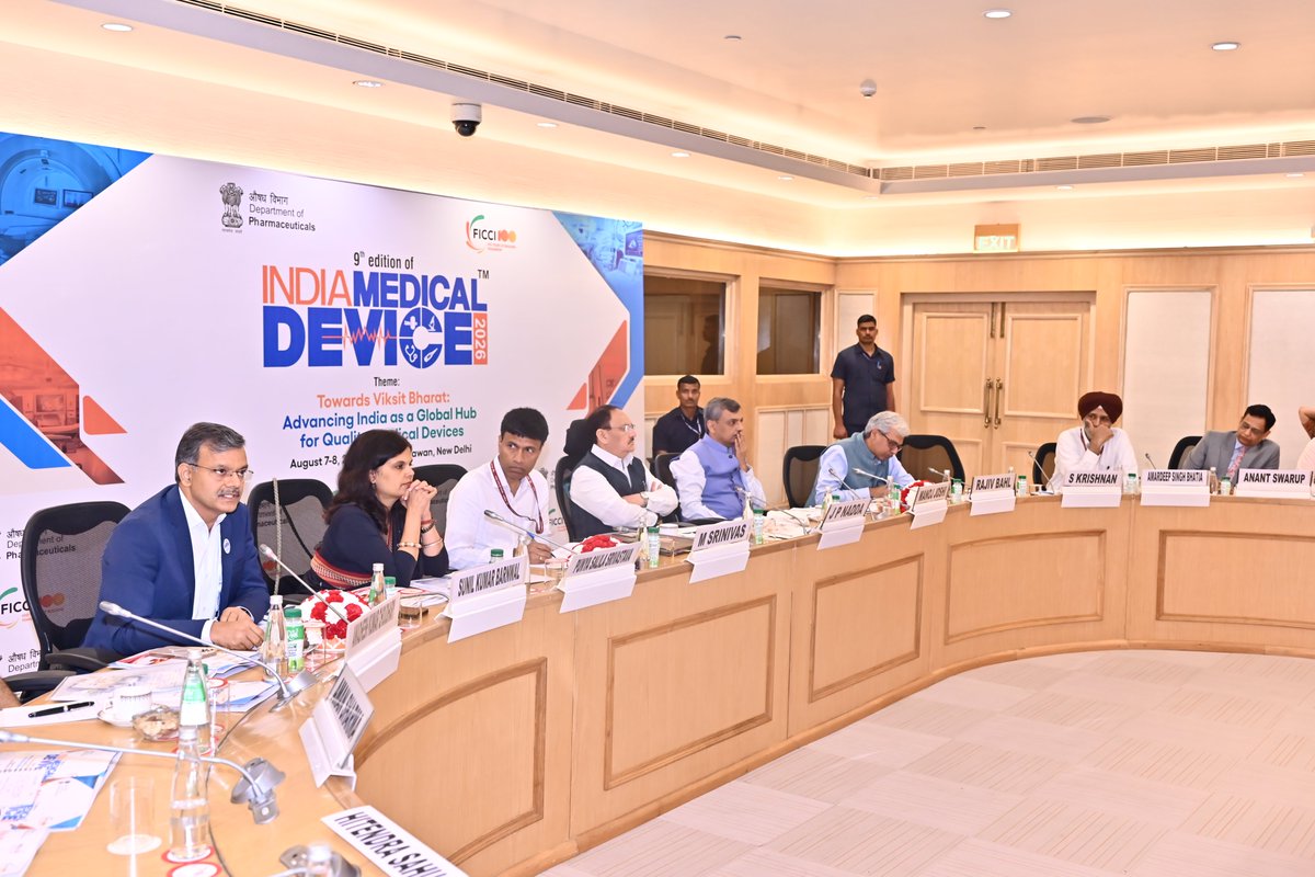 AyushmanNHA's tweet photo. At the CEO Roundtable of India Medical Device 2026, Dr. @Sunil_Barnwal, CEO, NHA, in the presence of Hon’ble Union Minister Sh. @JPNadda, called upon the #MedTech industry to align with the #digitalhealth ecosystem being built under #ABDM
1/2 https://t.co/IBqLFAllRy