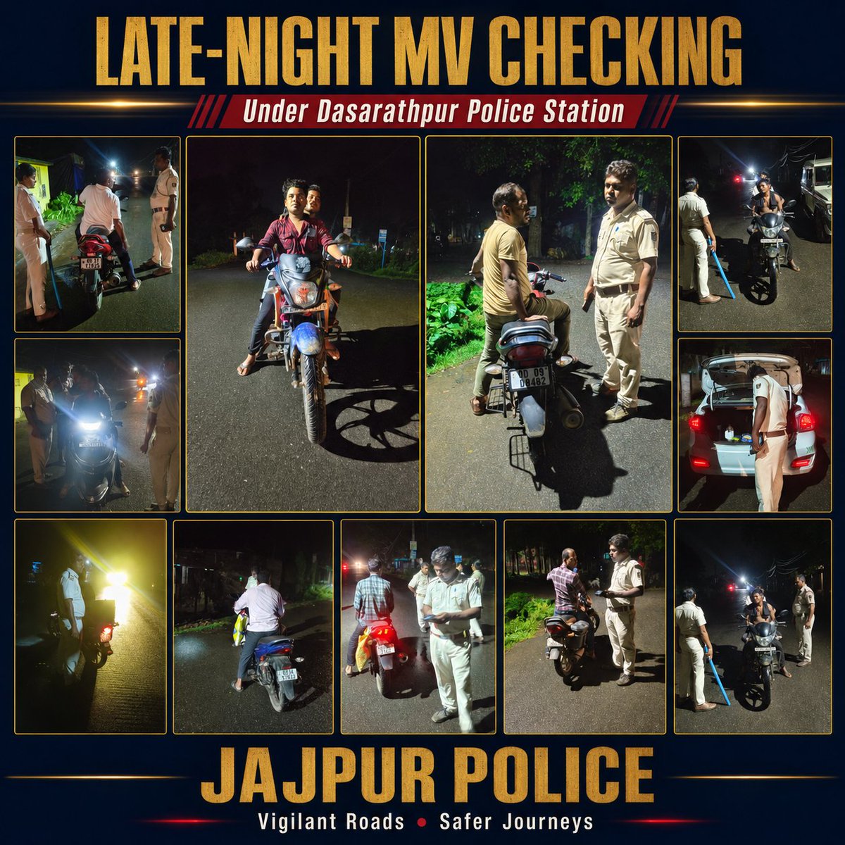 spjajpur's tweet photo. Jajpur Policeπ’π’π¨π¨π¨
Late-night MV checking was conducted by the Dasarathpur PS team to enforce traffic regulations, deter violations and ensure safer roads.
Jajpur Police remains vigilant around the clock for public safety.
#JajpurPolice #RoadSafety #MVChecking
@odisha_police @DGPOdisha @igcrcuttack
