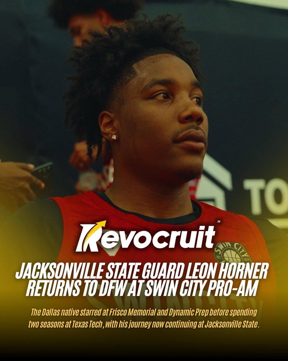 Revocruit's tweet photo. Another DFW product continuing his journey at the Division I level.

Leon Horner spent three seasons at Frisco Memorial, earning All-District honors three times before transferring to Dynamic Prep for his senior year. There, the 6-foot-5 guard averaged 14.5 points, 6.0 rebounds, and 3.0 assists per game while earning a nomination for the 2024 McDonald’s All-American Game.

Horner stayed in-state to begin his college career at Texas Tech, spending two seasons with the Red Raiders before making the move to Jacksonville State for the next chapter of his career.

Back home in DFW, Horner brought his game to Swin City Pro-Am and showed what’s ahead as he prepares for a new opportunity at Jacksonville State.

🎥 Leon Horner at Swin City Pro-Am.