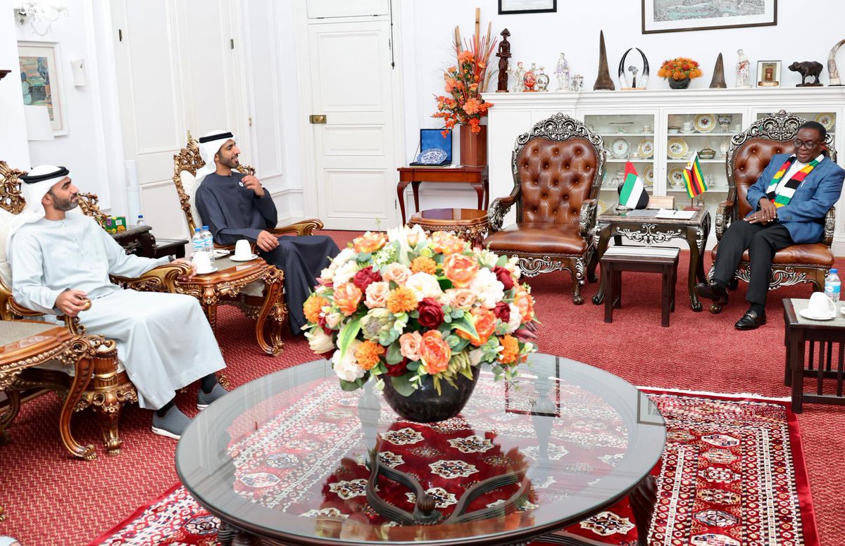 DeptCommsZW's tweet photo. H.E. President @edmnangagwa receives a courtesy call from the United Arab Emirates (UAE) Minister of State for Foreign Affairs, Sheik Shakhbout bin Al Nahyan.

Trade between Zimbabwe and the United Arab Emirates has grown by an impressive 74 percent over the past two years, reflecting the strengthening economic relations between the two countries.

Briefing the media after meeting, the Minister of Foreign Affairs and International Trade, Prof Amon Murwira, said the growth in trade was a positive indication of the deepening bilateral relations.

The Minister said Zimbabwe was looking forward to the completion of a partnership agreement with the UAE, which is expected to be concluded within the next few weeks.

He said the agreement will further consolidate cooperation between the two countries and create opportunities for increased trade, investment and economic partnerships.