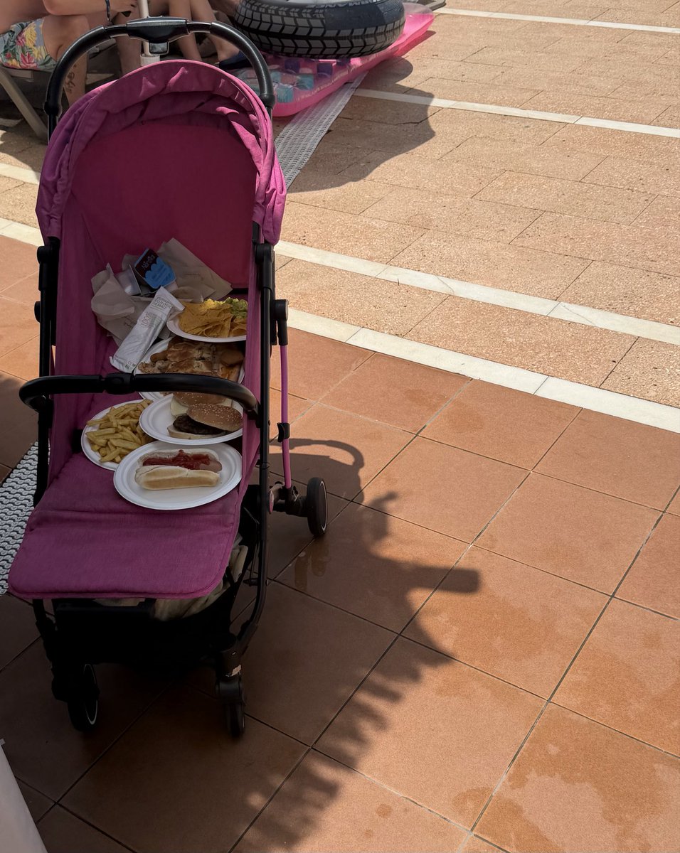 padders01's tweet photo. Someone’s funny use of their child pushchair while on inclusive holiday 😂😂😂😂 https://t.co/5w7K2caMtm