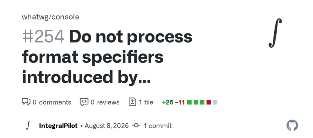 IntegralPilot's tweet photo. Only Chrome does it that way (Firefox, Safari, Node etc. don't), though due to a technicality that's actually what the spec says to do. Submitted a PR to the WHATWG Console spec and Chromium to fix it! https://t.co/5Bvohbb5IO