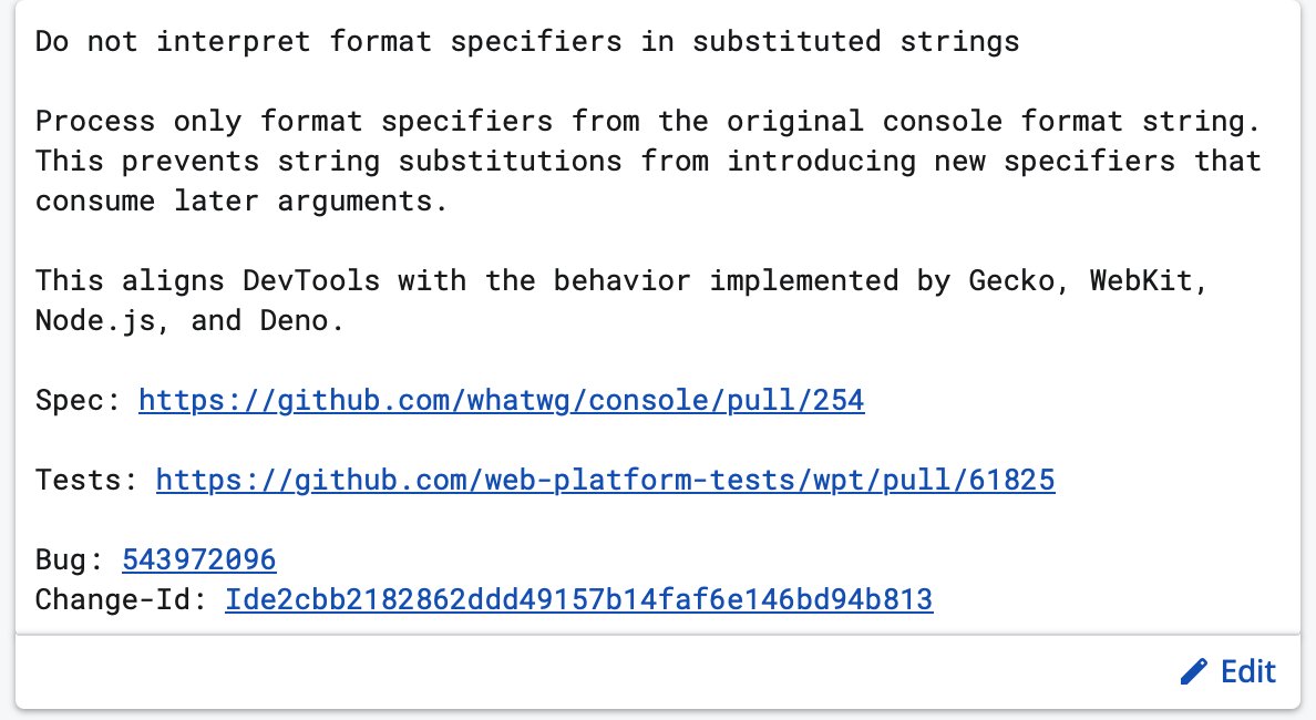 IntegralPilot's tweet photo. Only Chrome does it that way (Firefox, Safari, Node etc. don't), though due to a technicality that's actually what the spec says to do. Submitted a PR to the WHATWG Console spec and Chromium to fix it! https://t.co/5Bvohbb5IO