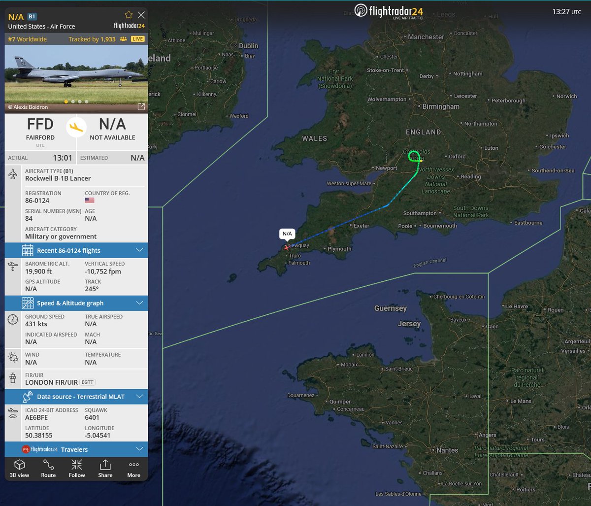 DefenceGeek's tweet photo. More Trackable B-1 Practice Flights #IranWar‌ 

A pair of B-1B "Lancer" bombers at RAF Fairford (EGVA) are due to carry out training flights today. One is currently visible on @flightradar24:

B-1B "FROWN30" 86-0124 #AE6BFE "Oh! Hardluck II"
B-1B "FROWN31" (TBC)

B-1 Photo via @JetPhotos - Alexis Boidron
@MATA_osint @Saint1Mil @Andyyyyrrrr
