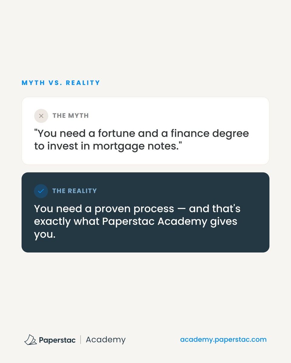 paper_stac's tweet photo. Myth: you need a fortune and a finance degree to invest in notes. 💡 Reality: you need a proven process — exactly what Paperstac Academy gives you.
https://t.co/rpQPmge4NP
#NoteInvesting #MortgageNotes #Paperstac https://t.co/Y7ItSqqe7j