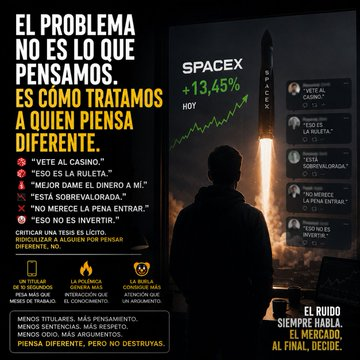 markpsmith7's tweet photo. 🚨 EL PROBLEMA NO ES PENSAR DIFERENTE.
EL PROBLEMA ES NO SABER RESPETAR AL QUE LO HACE 🚨

Estos últimos días, una operación sobre @SpaceX ha generado todo tipo de comentarios:

🎰 «Vete al casino.»
🎲 «Eso es jugar a la ruleta.»
💸 «Mejor dame los 9.000 € a mí.»
📉 «Está https://t.co/ZimsXigqgp