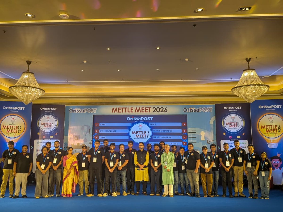 OrissaPOSTLive's tweet photo. Eight teams rise above the rest to reach the Mettle Meet Senior Finals

@SatpathyLive @AdyashaSatpath3 @IITGuwahati @AIIMSBhubaneswr @NLUO_Official @Hi_TechMedical @IISER @outruniversity @ximb_official @IITKgp 

#MettleMeet2026 #BattleOfBrains #MettleMeet #QuizCompetition #Quizzing #RevivingQuizzing #MM26 #Odisha #OrissaPOST