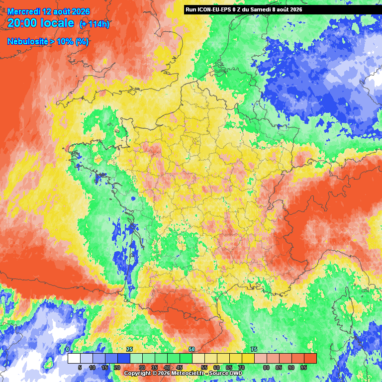 meteociel's tweet photo. À 4 jours de l’#éclipse partielle de Soleil que connaîtra la France ce 12 août, les prévisions ne sont pour le moment pas encore fixées.

Sur certains modèles et ensembles, de nombreuses régions de l’Ouest se retrouveraient avec un ciel nuageux, limitant la visibilité. D’autres modèles sont plus favorables, même si, en pleine période de canicule, il est compliqué de dire que ce serait réellement mieux qu’un ciel soit clair et sans pluie…

Les régions du Sud-Est, et particulièrement les Alpes, seront concernées par un risque orageux dans l’après-midi, avec des nuages qui pourraient perdurer en soirée.

À suivre lors des prochaines réactualisations ces prochains jours.
Retrouvez les outils disponibles pour la prévision des nuages sur Météociel : 
https://t.co/F15ISHOJAQ