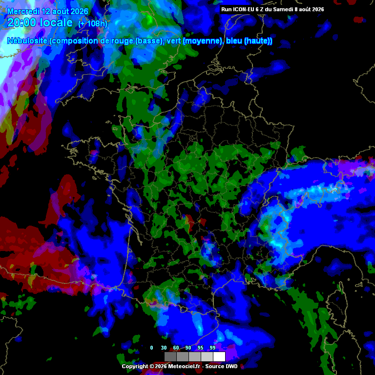 meteociel's tweet photo. À 4 jours de l’#éclipse partielle de Soleil que connaîtra la France ce 12 août, les prévisions ne sont pour le moment pas encore fixées.

Sur certains modèles et ensembles, de nombreuses régions de l’Ouest se retrouveraient avec un ciel nuageux, limitant la visibilité. D’autres modèles sont plus favorables, même si, en pleine période de canicule, il est compliqué de dire que ce serait réellement mieux qu’un ciel soit clair et sans pluie…

Les régions du Sud-Est, et particulièrement les Alpes, seront concernées par un risque orageux dans l’après-midi, avec des nuages qui pourraient perdurer en soirée.

À suivre lors des prochaines réactualisations ces prochains jours.
Retrouvez les outils disponibles pour la prévision des nuages sur Météociel : 
https://t.co/F15ISHOJAQ
