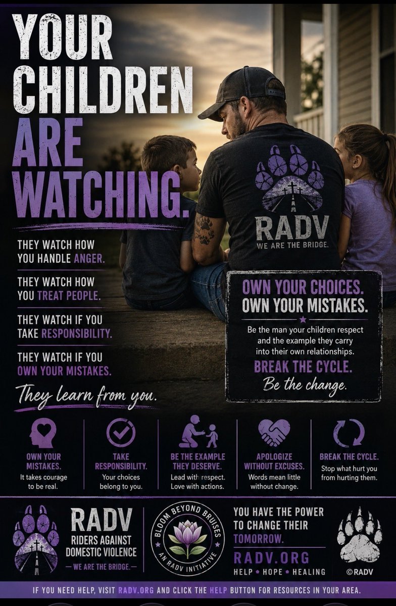 RADV15's tweet photo. YOUR CHILDREN ARE WATCHING.
They see how you handle anger, treat others, and respond when you’re wrong.
Men, accountability isn’t weakness.
Own your choices.
Own your mistakes.
Be the example.
Break the cycle.
Full article: https://t.co/qPrd5W03tT
#RADV #BreakTheCycle https://t.co/epAS3BciLF