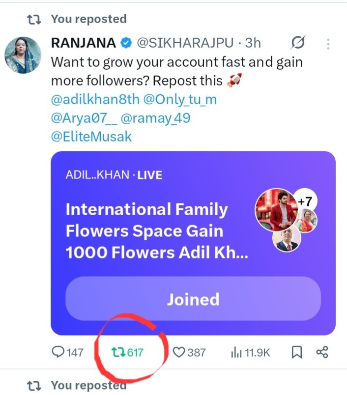 Only_tu_m's tweet photo. International Family Follower Space 
A big shout-out to Mem Ranjana for an amazing 617 reposts of the Space link! 
Your incredible support and active participation are truly appreciated. 
Keep reposting, keep supporting, and let’s grow together! https://t.co/pUMJqFJi54
