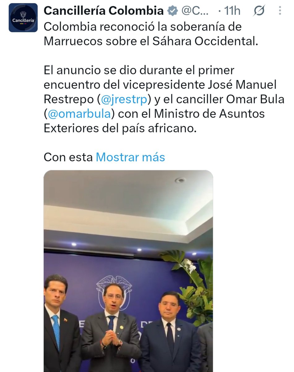 JulianMaciasT's tweet photo. El primer y único pronunciamiento hasta el momento de la nueva cancillería de Colombia es el reconocimiento de la soberanía de Marruecos sobre el Sáhara Occidental.
Esto no es casual, es la orden que le ha dado Trump y Netanyahu al nuevo presidente al servicio de Israel y EEUU. https://t.co/Qemr8L46Xd