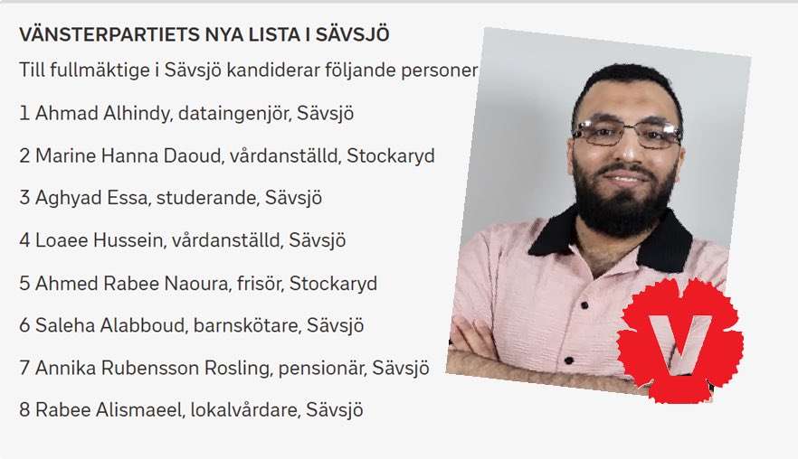 drdanielschatz's tweet photo. V i Sävsjö tvingades stryka hela sin kommunlista efter avslöjanden om terrorhyllningar och homofobi. Nu presenterar partiet en ”ny” lista – men sex av åtta kandidater stod redan på den gamla.

Förstanamnet Ahmad Alhindy säger själv att politik är nytt för honom. På hans sociala medier finns inte ett enda inlägg på svenska. Innehållet är bara på arabiska, med en stor palestinsk flagga och flera korancitat.

Hur tänker V:s kandidater kommunicera med väljarna i Sävsjö? Och vad bestod egentligen partiets nya granskning av, när nästan hela den nya listan består av personer som redan fanns på den lista som drogs tillbaka?