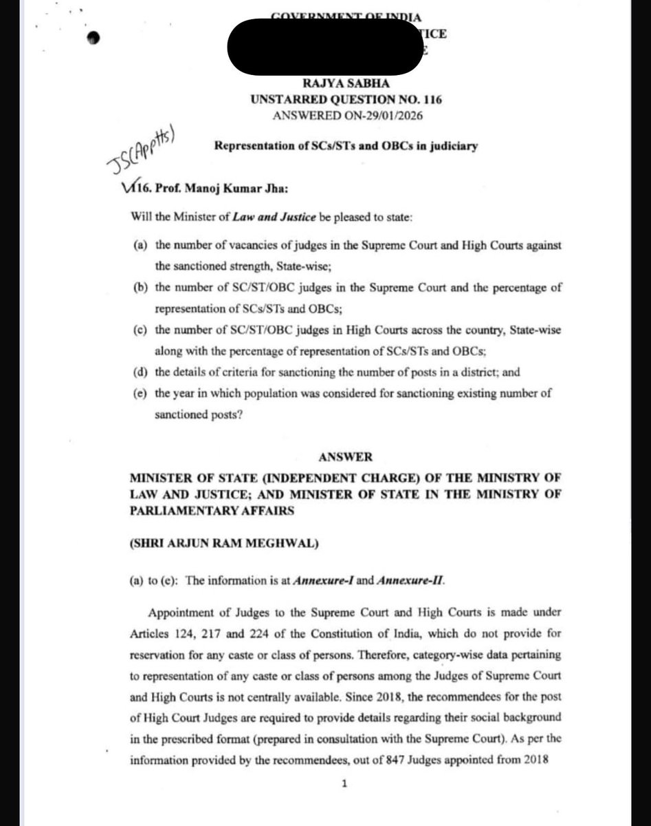 jai_a_dehadrai's tweet photo. Respected Menaka Guruswamy ji @MenakaGuruswamy:

Madam you are wrong not only about the facts, but even on the legal point you have made. 

I am shocked to hear such misinformed and blatantly partisan views on the functioning of our judiciary by a lawyer I greatly admire - TMC Rajya Sabha MP Ms. Menaka Guruswamy. 

I simply do not understand this obsession with denigrating our constitutional institutions with blatant falsehoods, in the process of trying to score political brownie points with political bosses. 

Menaka ji claims that the central government appoints only those judges that are aligned with their ideology. 

This is simply not true. 

If Ms. Guruswamy's contention is that women, SCs, STs, OBCs and religious minorities are not appointed to the higher judiciary by the present system, the Government's own data placed before Parliament conclusively disproves it. 

Between 2018 and 2026, 847 High Court judges were appointed, including 130 women, 33 SCs, 17 STs, 104 OBCs and 46 persons from minority communities. 

(I have put a screenshot of the data below)

One may certainly argue that these numbers are inadequate. 

But to claim that such candidates are simply 'not appointed' is totally false and misleading.

On the legal point - Obviously Ms Guruswamy knows exactly how judges are appointed in our country, and hence I worry that her statement is made knowingly with an intent to mislead the public - perhaps so that her political bosses who are embroiled in all kinds of cases for corruption are able to peddle an anti-judiciary narrative.

Does she forget that it is the Supreme Court Collegium that recommends judges for appointment and promotion and NOT the central government?

Has she forgotten that the same central government she criticises today, made an attempt to reform the Collegium system by bringing in a constitutional amendment in the form of the NJAC?

Also, I would like to respectfully remind her that the same judges AND system that she so vehemently criticises today as a Rajya Sabha MP, and who were appointed via the collegium system which the Modi government tried to reform, designated her as a senior counsel - obviously on the strength of her merit as a highly competent counsel. 

So then why does she today so breathlessly criticise and humiliate those same judges, today? 

The answer my friends, is blowing in the wind.