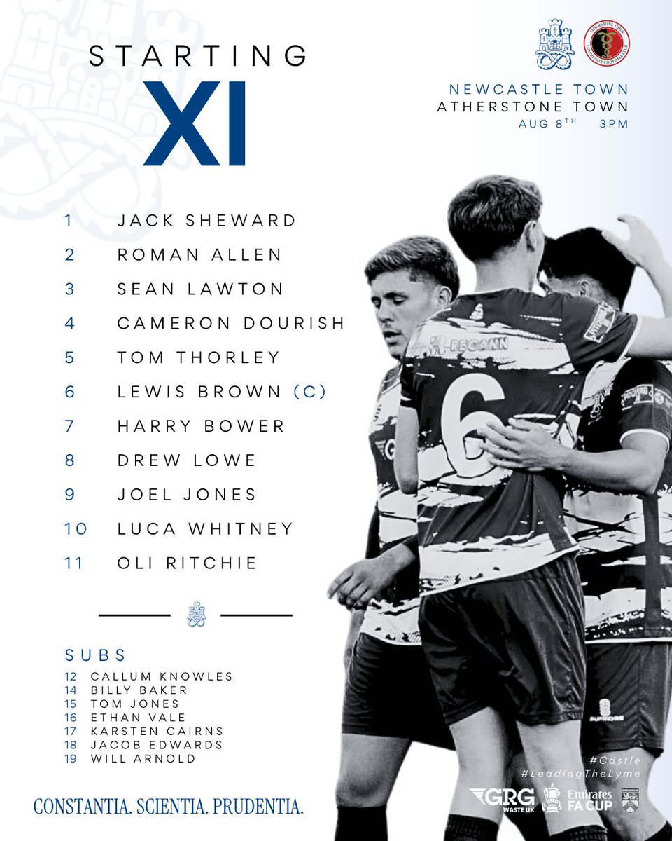 NewcastleTownFC's tweet photo. STARTING XI 📣📄

@jacksheward03 and @dhrl0 make their full debuts for Castle today

Newly appointed vice captain @lewbrown13 wears the armband with @joe_slinn absent

🔵⚪️🏰

#Castle #LeadingTheLyme #TheCastle #FACup #MagicOfTheCup #FootballsBack https://t.co/NWWjzZn9W7