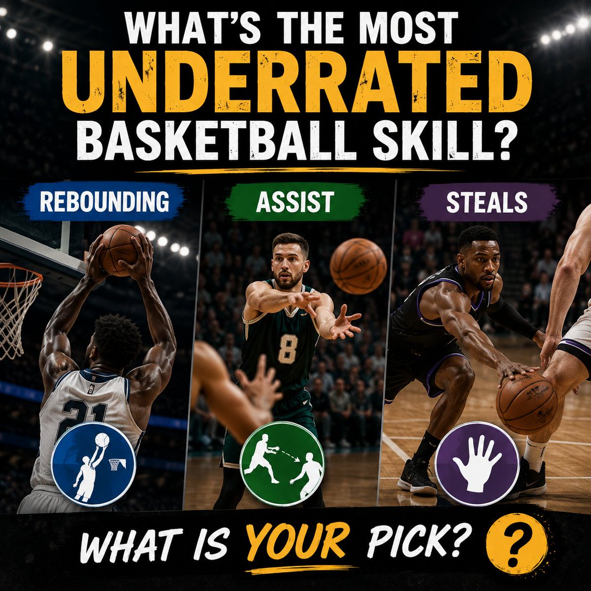 NabilZHamade's tweet photo. What's the most underrated basketball skill?
Rebounding
Assist
Steals
?? What is your pick? 
#Basketball #Hoops #Sports https://t.co/FPlXVwMd6z