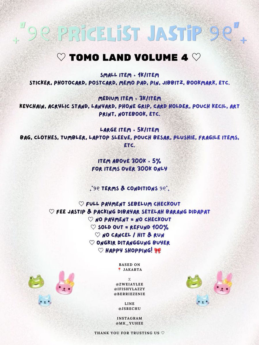 zweiaylee's tweet photo. Hi, semuanya! besok kita bakal ke tomo land vol. 4 lagi dan kali ini bakal LIVE SHOPPING YA DI LINE 🙂‍↕️✌🏻kalau ada yang mau jastip, feel free to dm kontak yang tertera atau line aku yaa 💌

t. #jastiptomoland #tomolandvol4 #jastipjakarta #jastipmerch #artmarket https://t.co/82h9yq1iUh