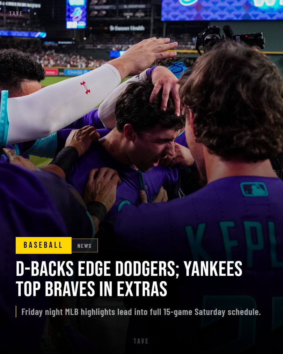 tavesports's tweet photo. 🚨 MLB NIGHT RECAP: D-backs top Dodgers 4-3, Yankees edge Braves 3-2, Red Sox roll 13-1. Saturday slate underway today!   #MLB #Baseball #TAVE https://t.co/w9Hq77Kgw0