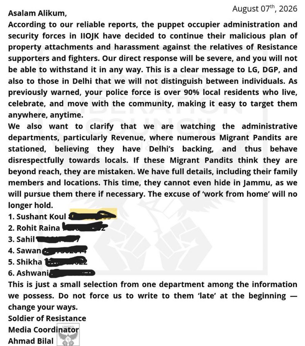 JQ_plaintalk's tweet photo. KRF, a group of cowards associated with TRF & LET terrorists threatens to eliminate Kashmiri Pandits. We, Kashmiri Muslims, failed our Pandit brethren once. This time, you will not able to touch any one of them. We will protect them with our lives from bastards like you. Over our dead bodies!