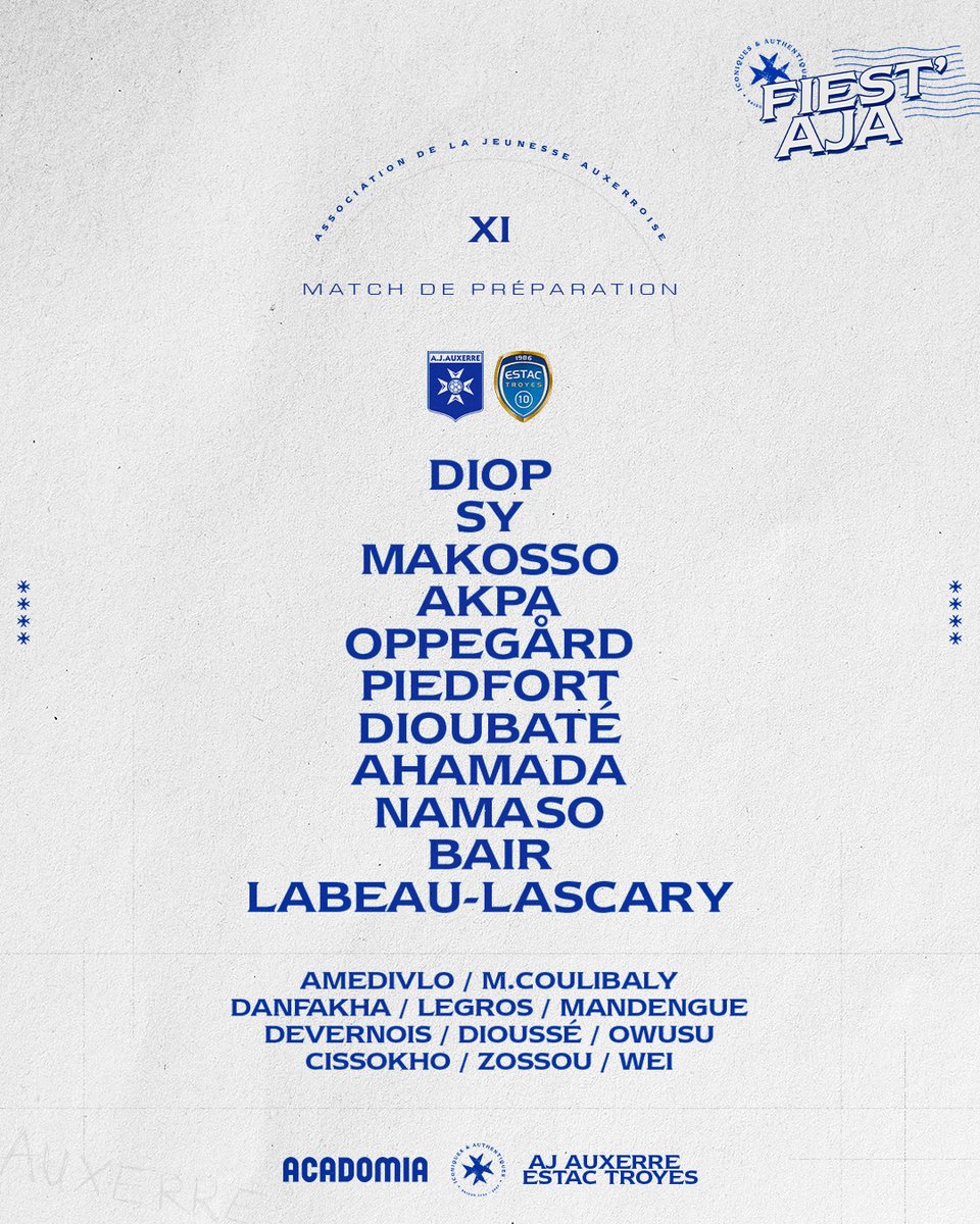 AJA's tweet photo. 🔵 𝐋𝐚 𝐜𝐨𝐦𝐩𝐨 𝐚𝐮𝐱𝐞𝐫𝐫𝐨𝐢𝐬𝐞 ⚪️

Voici le 1️⃣1️⃣ qui va débuter cette rencontre ⚔️

#TeamAJA #AJAESTAC https://t.co/mdF9OmbNwU