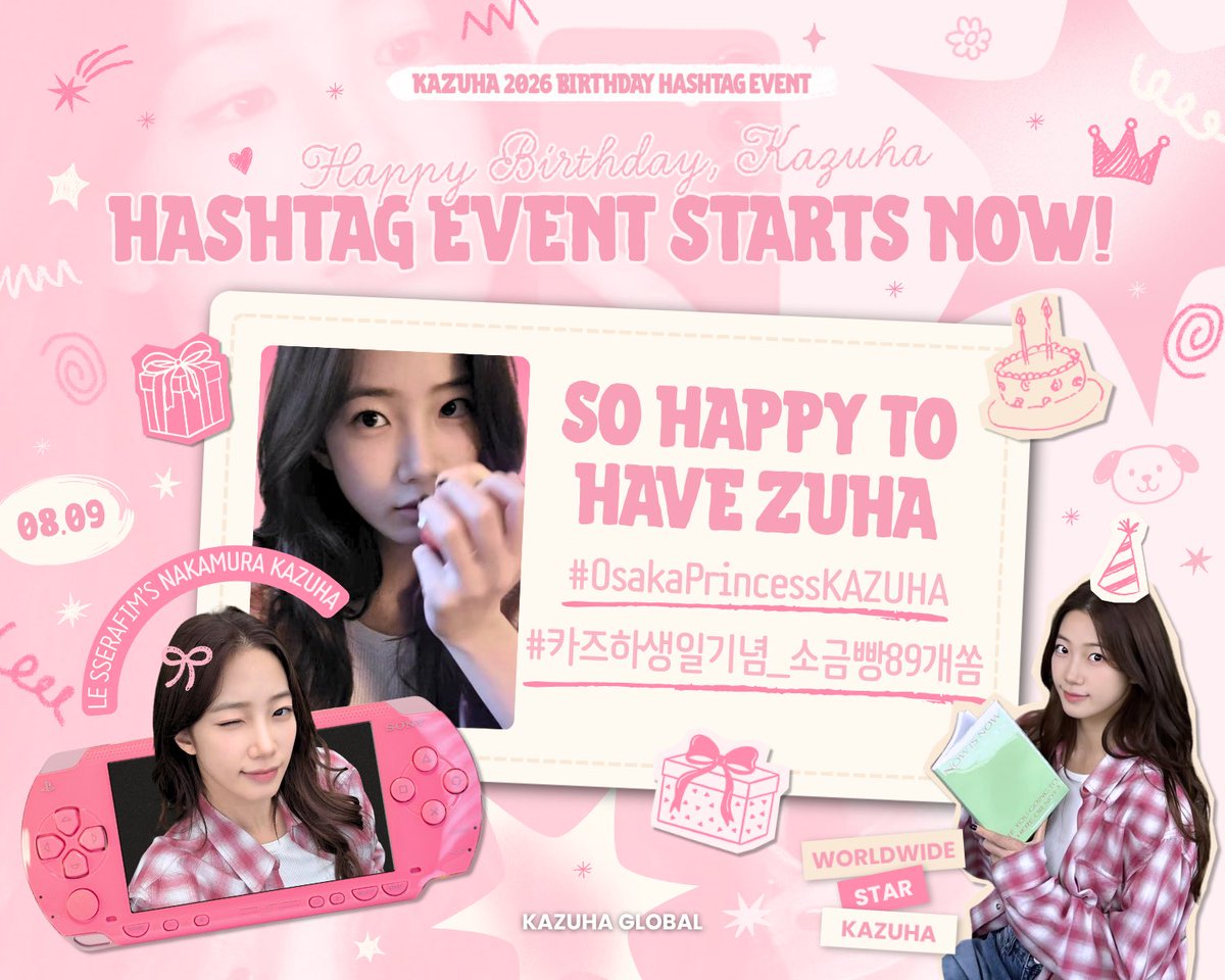 KazuhaGlobal's tweet photo. [📣] HASHTAG TRENDING PARTY FOR KAZUHA’s BIRTHDAY — START!

Tweet, Quote Retweet &amp; Reply with:

SO HAPPY TO HAVE ZUHA
#OsakaPrincessKAZUHA
#카즈하생일기념_소금빵89개쏨
#KAZUHA #카즈하 https://t.co/8370kVsNnS
