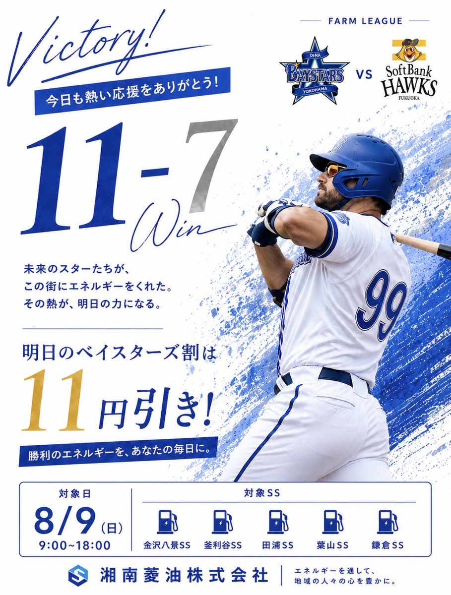 shounanryoyu's tweet photo. 11-7 WIN.⚾️

未来のスターたちが生み出したエネルギーを明日は地域の皆様へ。

ベイスターズ割 11円引きで開催‼️

📅 8/9(日)
⛽️ 9:00〜18:00

#ベイスターズ割 
#私達の街にはベイスターズがある https://t.co/LoITBOsB3u
