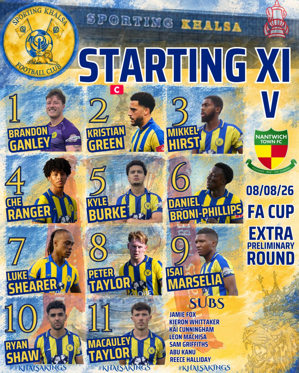 SportingKhalsa's tweet photo. 🟡🔵🗞️ Sporting Khalsa team news for todays @EmiratesFACup Extra  Preliminary Round meeting with @TheDabbers 

#UpTheKhalsa | #KhalsaKings | #SKHNAN | #FACup https://t.co/Xz1utsEcdm