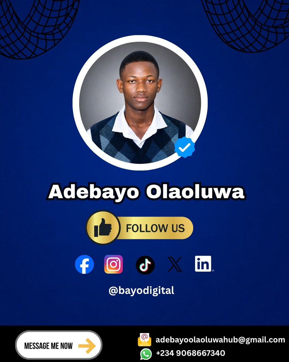 bayodigitals's tweet photo. Follow Adebayo Olaoluwa | Bayo Digital 🚀

If you're a business owner, entrepreneur, creator, or eCommerce brand looking to grow online, you're in the right place.

I'm Adebayo Olaoluwa, a Digital Marketing Specialist focused on helping businesses

#BayoDigital #DigitalMarketing https://t.co/568Kdb50xk