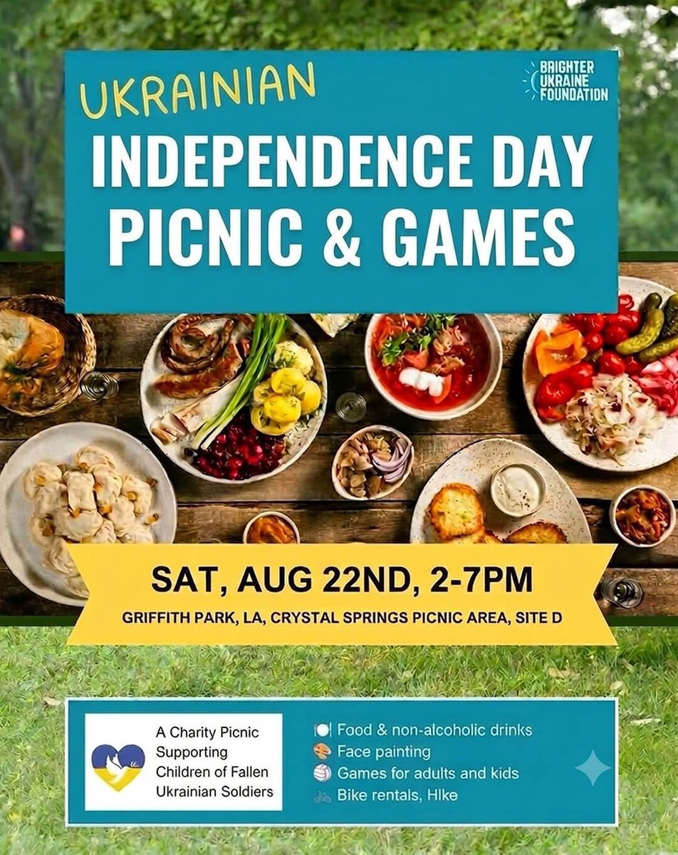 EventsInCali's tweet photo. https://t.co/PMb08FXooj
Ukrainian Independence Day, Picnic, Games, Griffith Park, Los Angeles, CA | Aug 22, 2026
#California #CaliEvents #Games #GriffithPark #LosAngeles #Picnic #UkrainianIndependenceDay #ChildrenandFamily #Festivals #FoodDrink #IndependenceDay #Music #Party https://t.co/352GhT3mZI