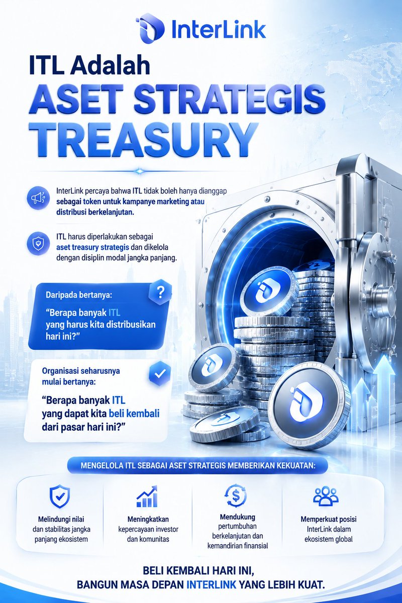 praasst_'s tweet photo. ITL adalah aset strategis, bukan sekadar alat distribusi.

Fokus bergeser dari membagikan nilai hari ini menjadi membangun kekuatan treasury untuk masa depan.

#InterLink #ITLG #ITL https://t.co/2BjwK9RUvY