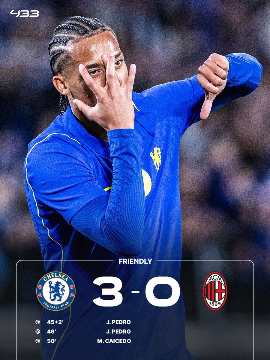 433's tweet photo. 𝐏𝐄𝐃𝐑𝐎 𝐂𝐀𝐍’𝐓 𝐒𝐓𝐎𝐏 𝐒𝐂𝐎𝐑𝐈𝐍𝐆 🥵

Another brace for the Brazilian striker, taking his pre-season tally to five goals for Chelsea 🖐️

Ruben Amorim is yet to win a game with Milan 😬 https://t.co/eUN88IVIIg