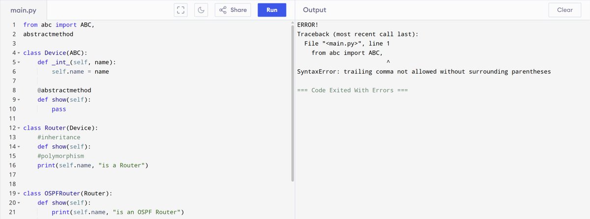tej9991's tweet photo. Today in an interview, the interviewer asked me to fix the Python code which includes OOPS and networking and asked me to explain what’s wrong with it.
The code involves ABC, Abstraction, Inheritance & Polymorphism.
Guess the error friends😊
#PythonOOPS #NetworkingAutomation https://t.co/6Y40k9DM3V
