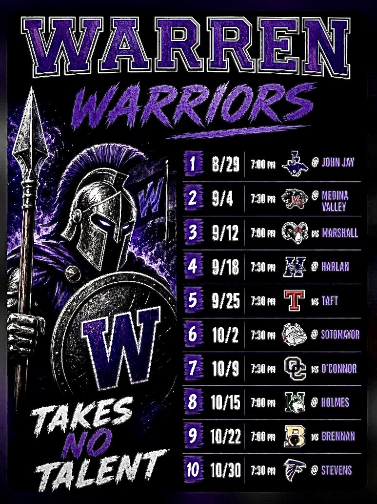 dwightapia's tweet photo. It’s go time. 
2026-27 Warren Warriors Football Schedule.💜💜💜

Coaches follow me as I will share my highlights throughout the season. Very excited. #WeAreWarren #WarriorNation 

@mattarrufat @CoachSantiago54 @coach_alcala @NatehaydenQB @nickquinterowbu @Ahy_Rojas02 @CoachGarcia79 @WarrenNisd @WHS_FB_Parents 
@2MGE_ @iam_alinedouard @BDammone @Zaireanderson13 @bbetterperform @Coach__OMalley @utrgvditv956 

@CoachJsalavea @CoachIosefa @CoachElkinsHSU @CoachAustinTX @Coach_Aurich @RobAurich @coach_ikeDL @EWUCOACHBROWN @CoachGipson11 @TylerOlker @Marshall_Reggie @CoachGayhart @CoachDaleen @cwhite4x @Coach_RogersSFA @ROADS2GREATNESS @CoachW_Edwards @CoachJimJackson @CoachRoberts760 @AndrewLee_CFB @LitrentaJohn @KeatonJ_3 @clutchcultureTX @CoachLeppke @CoachCannova1 @COACHMCLAU @CoachDrewChrist @CoachMabry96 @Coach_Meyer27 @QuentinJones_ @DorianLeblanc18