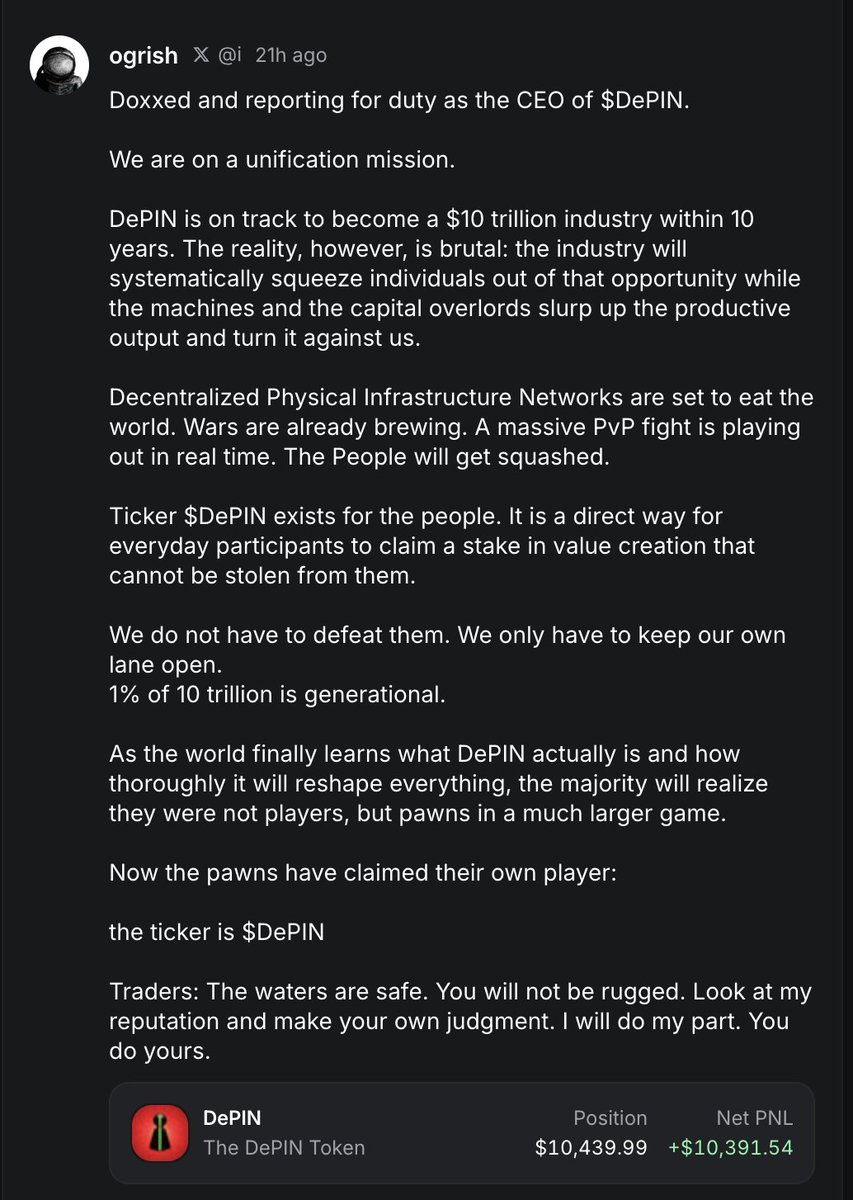 Skelirex0's tweet photo. Been holding $DePIN for 2 weeks wondering who tf is the dev and why no one is talking...

Yesterday Dev of $DePIN finally came to light and just made the most bullish callout in pumpfun history . 
absolute bullcase https://t.co/VCzYhqh8Px
