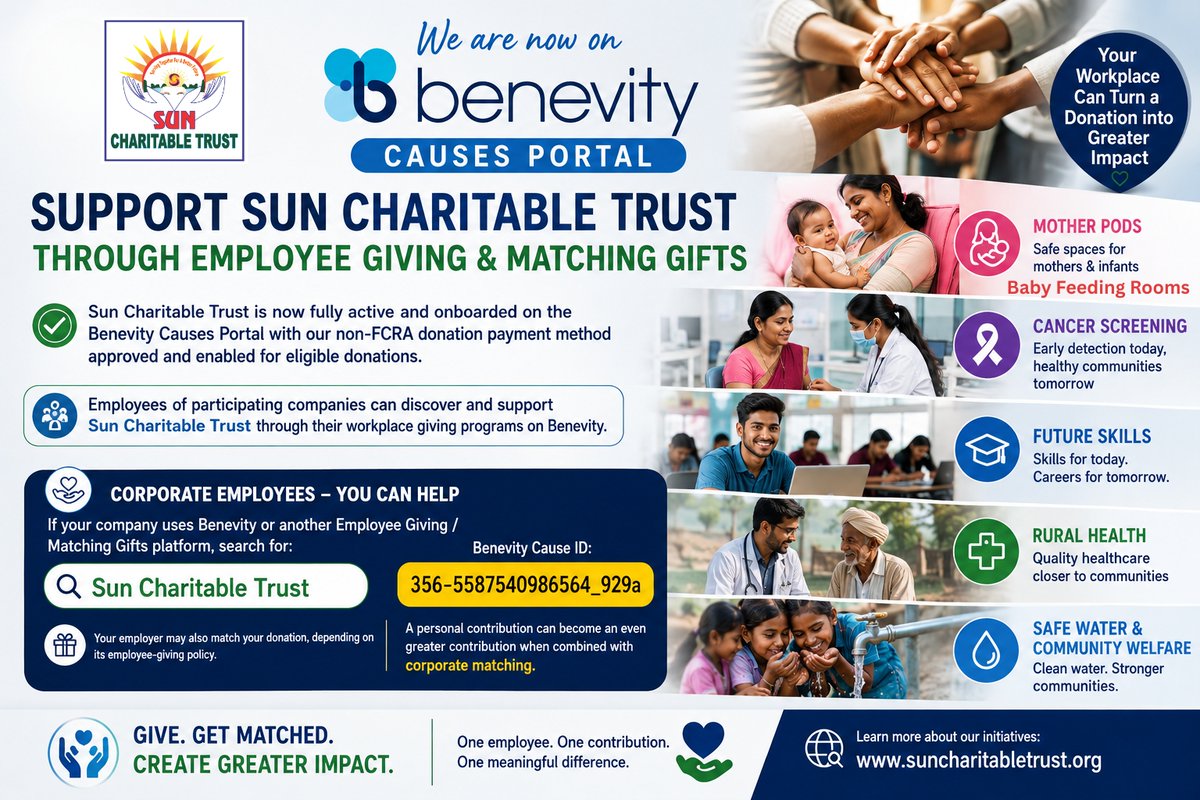 SunCharitable's tweet photo. 🌍 Sun Charitable Trust is now active on @Benevity

Corporate employees: search “Sun Charitable Trust” to support Mother Pods, Cancer Screening, Future Skills, Rural Health &amp; Safe Water.

Your employer may match your gift.

https://t.co/1aGA8yzgkP

#Benevity #MatchingGifts https://t.co/pVKqV87tgi