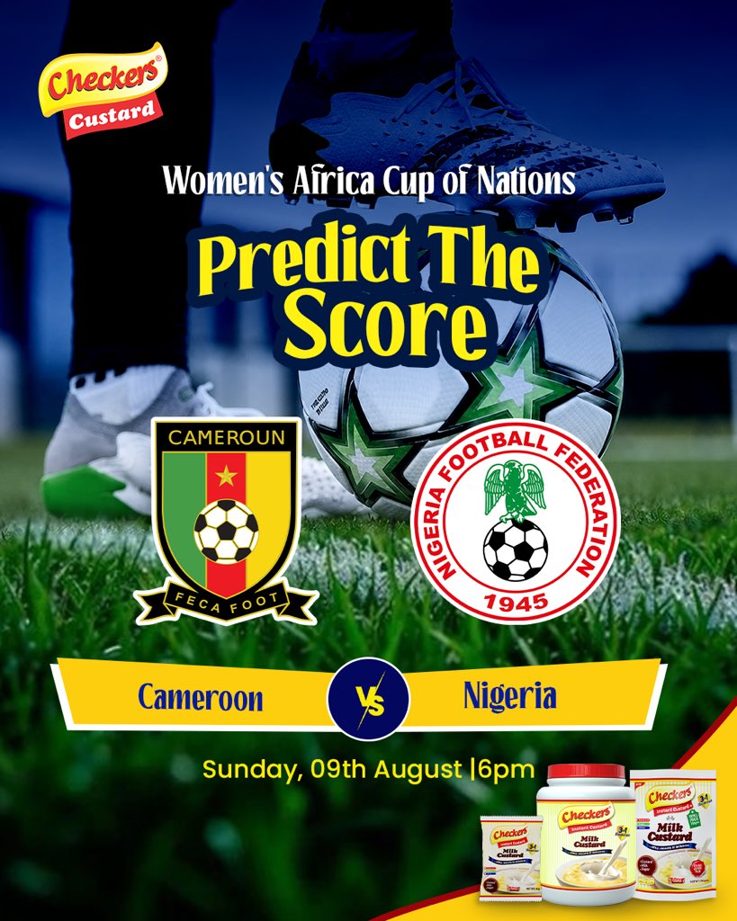 CheckersCustard's tweet photo. The Super Falcons are ready, and now it’s your turn to call it! 

⚽ Cameroon 🇨��� vs Nigeria 🇳🇬
📅 Sunday, 9th August
⏰ 6PM

DROP YOUR SCORE PREDICTION BELOW! 👇
Correct predictions could be your bragging rights for the night. 

Let’s have it? 

#CheckersCustard #nigeriavscameroon #wafcon #checkersnamycomfort #naijafootball