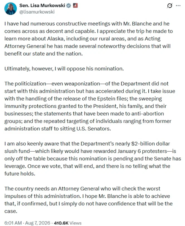 SamEagleForge's tweet photo. @lisamurkowski Senator, you live in an age of instant information retrieval and verification. Everything you've ever supported or stated is saved somewhere. You're a fool if you think we won't remember your other lies or ratio you.

Midterms are looming, and we're in no mood for RINOs: https://t.co/Z31FEUTQpp